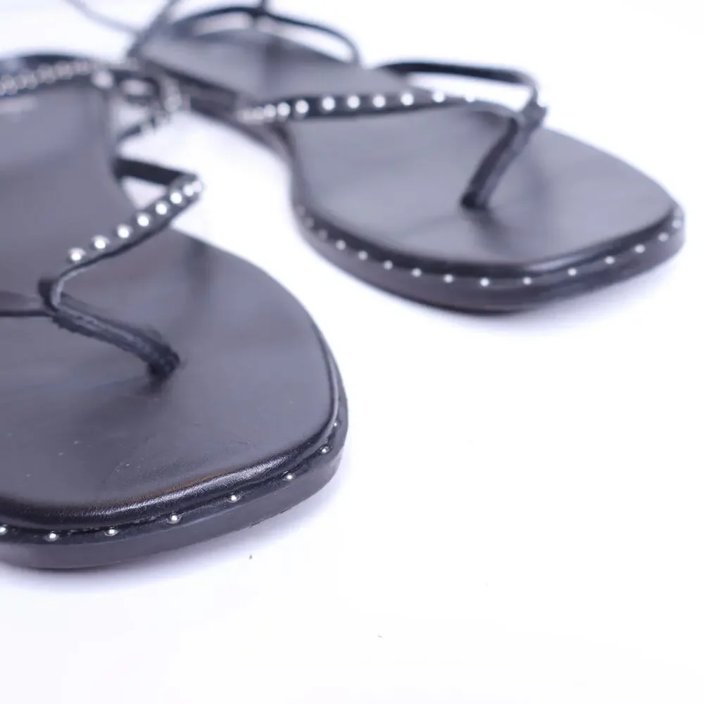 ZARA Studded Flat Wrap Sandals Silver Black Leather Women's 41/US 10 - Picture 3 of 8